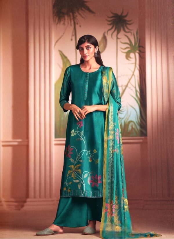 Elegant Emerald Green Printed Unstitched Salwar Kameez with Organza Dupatta _Style(4844)