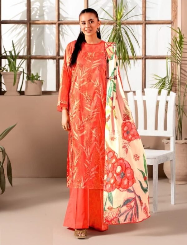 Coral Orange Unstitched Salwar Kameez – Premium Printed Lawn 3 Piece_Style(5805)