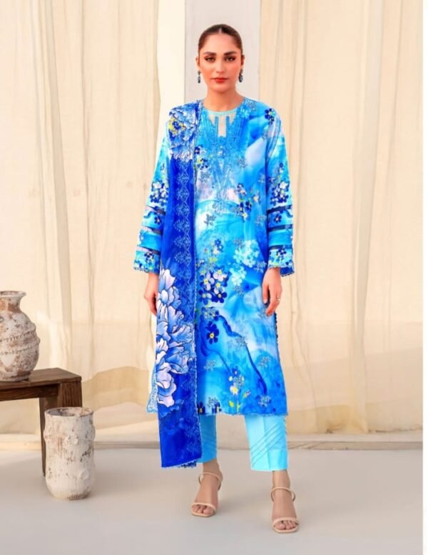 Royal Blue Floral Embroidered Digital Printed Unstitched Lawn 3 Piece Suit_Style(F-5722)