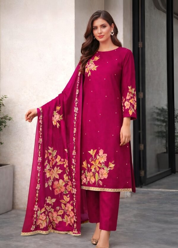 Rani Pink Unstitched Salwar Kameez – Golden Floral Printed Lawn 3 Piece Suit