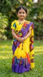 রঙিন প্রজাপতি -হলুদ চান্দেরি সিল্ক রেডিমেড বেবি শাড়ি