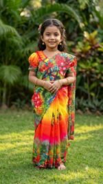 বসন্তকুসুম ফ্লোরাল চান্দেরি সিল্ক রেডিমেড বেবি শাড়ি