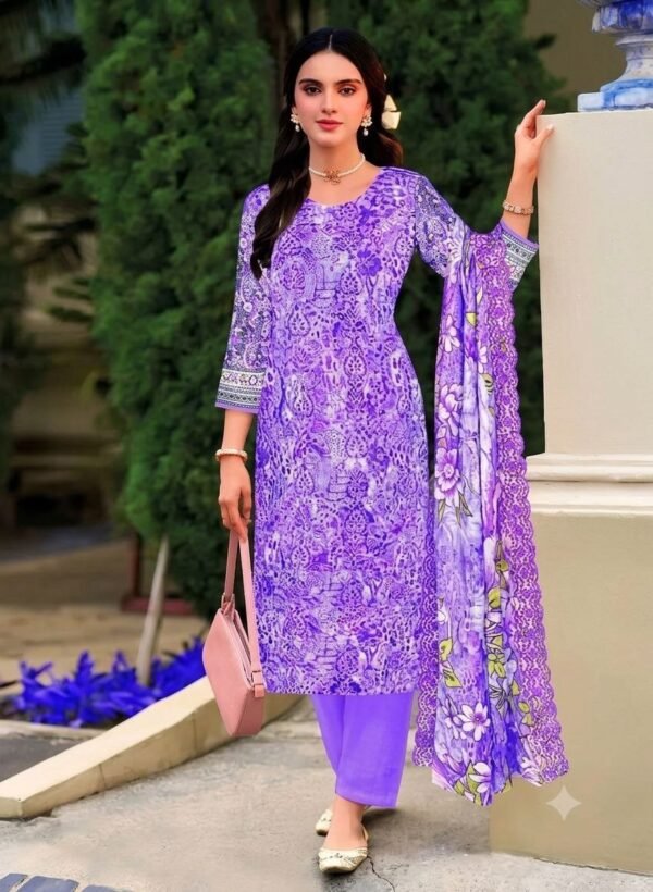 Bright Violet Floral Digital Printed Unstitched Lawn 3 Piece Suit_Style(5759)